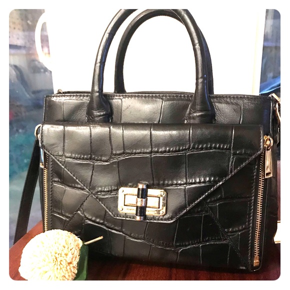 Diane Von Furstenberg DVF Secret Agent Tote Bag Purse Black Croc Embossed HTF - Picture 2 of 16